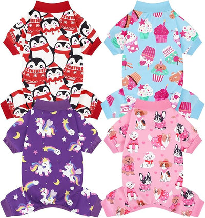 XPUDAC 4 Pack Dog Pajamas Cute Soft Dog Clothes for Small Medium Dogs Boy Girl Stretchy Pjs Jammies Outfit Puppy Onesies, X-Small