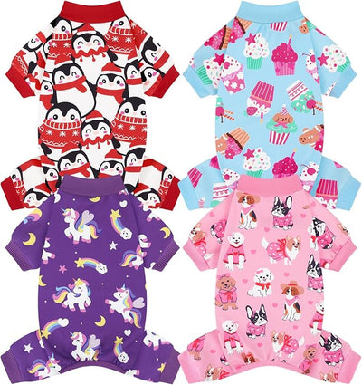 XPUDAC 4 Pack Dog Pajamas Cute Soft Dog Clothes for Small Medium Dogs Boy Girl Stretchy Pjs Jammies Outfit Puppy Onesies, Small