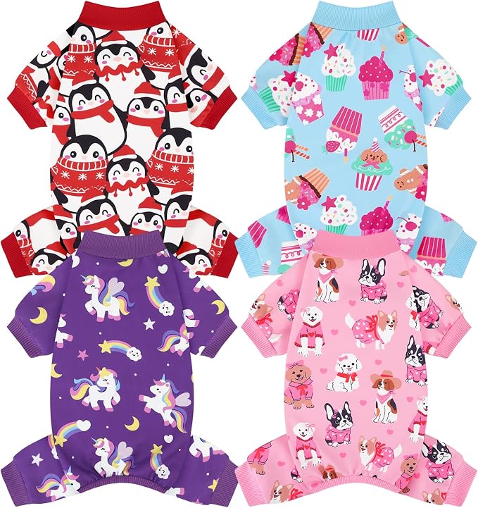 XPUDAC 4 Pack Dog Pajamas Cute Soft Dog Clothes for Small Medium Dogs Boy Girl Stretchy Pjs Jammies Outfit Puppy Onesies, 2X-Large