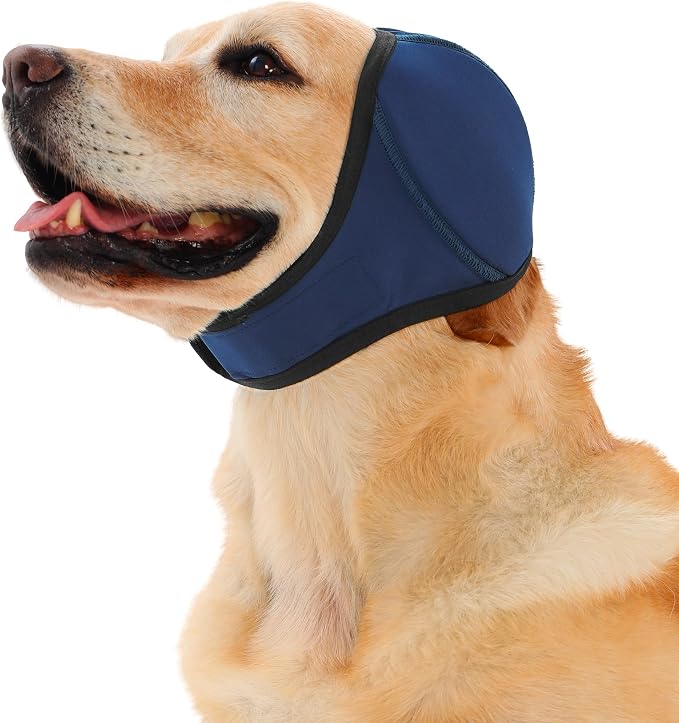 Meifsou Dog Head Wrap - Quiet Ears for Anxiety, Waterproof Dog Calming Hood, No Shake Ear Cover Snoods for Thunder, Lightning, Fireworks, Vet Visits, Polyester and SBR Diving Fabric, Navy Blue, Medium