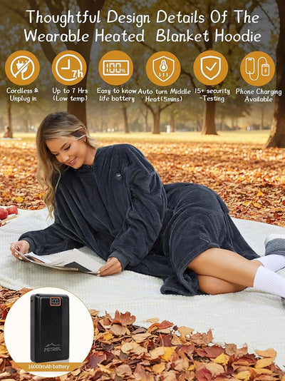 Wearable Heated Blanket Hoodie with 16000 mAh Battery,Cordless Heating Throw,Electric Shawl Robe with Sleeves,Gift for Family