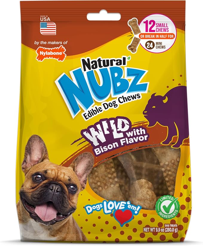 Nubz Wild Natural Dog Chew Treats for Small Dogs, Long Lasting Dog Chew Bones Made in USA, Bison Flavor, Small Dog Bones for Dogs Up to 25 lbs. (12 Count)