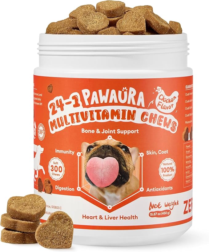 24-in-1 Multivitamin Dog Supplement, 300 Soft Chews – Glucosamine & Chondroitin for Joint Support, Probiotics for Gut Health, Omega Fish Oil for Skin & Coat, Daily Dog Vitamins