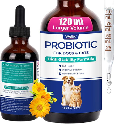 Wellix Liquid Probiotic for Cats & Dogs, 120ml 8-Strain Probiotics for Dog Digestive Health, Cat Digestive Support, Dry Skin Relief, Stool Formation for Cats & Dogs of All Ages