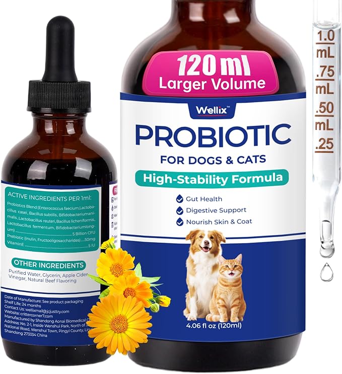 Liquid Probiotic for Cats & Dogs, 120ml 8-Strain Probiotics for Dog Digestive Health, Cat Digestive Support, Dry Skin Relief, Stool Formation for Cats & Dogs of All Ages