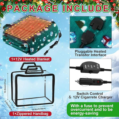 Tuanse 58 x 43 Inches 12 Volt Heated Car Blanket Plug in Portable Car Electric Blanket with Cigarette Lighter, Temperature Controller and Storage Bag for Rv Truck Traveling(Green,Snow Monster)