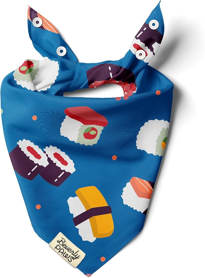 Snap-On Dog Bandana for Small Medium Large Pets, Dogs Cats Adjustable Handkerchief Scarf for Girl & Boy, Funny Cute Puppy Apparel & Accessories (Blue Sushi, Large)