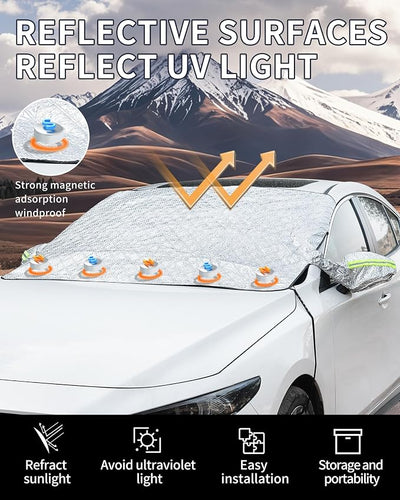 Windshield Snow Cover for Car, Heavy Duty Ice Shield with Magnetic Edges, Waterproof UV Block Sunshade for Winter Frost Protection, Fits Most Sedans SUVs Trucks, Easy Install and Remove