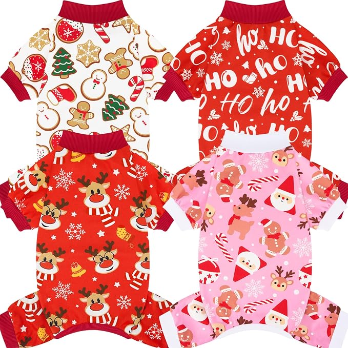 4 Pack Christmas Dog Pajamas Comfy Dog Clothes for Small Medium Dogs Girl Boy Holiday Pet Outfit Puppy Onesie Cat Pjs Jammies, M