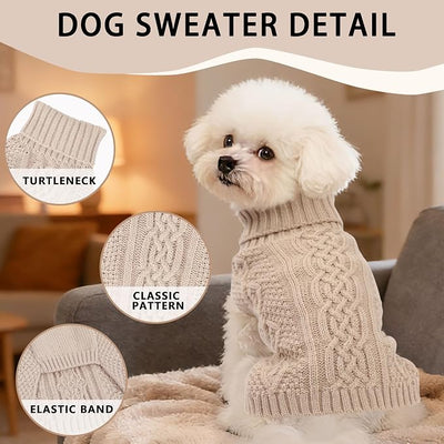 Dog Sweaters Small Dog Clothes Winter Turtleneck Puppy Sweater Warm Pet Cat Sweater Doggy Pullover Outfit with Twisted Design XS~XL(Beige, Large)