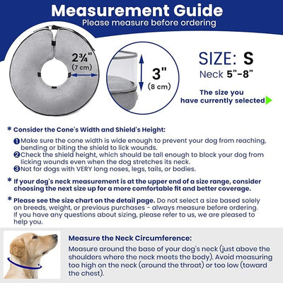 BARKLESS Dog Cone, Inflatable Dog Cone After Surgery, Soft Surgery Collar with Enhanced Anti-Licking Guard Shield for Pets, Patented Protective Donut Collar (Grey, S (Neck: 5"-8"))