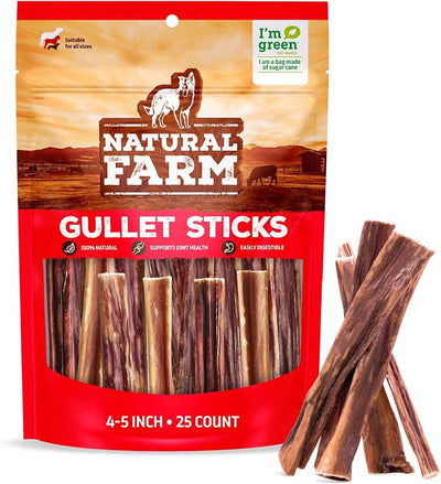 Natural Farm Gullet Sticks (4-5 Inch, 25 Pack), Grain-Free, Preservative-Free & Fully Digestible Beef Esophagus – Gentle Yet Effective Fun - Best for Light, Pups & Senior Chewers