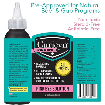 Curicyn Pink Eye Solution (3 oz), Dog Eye Drops, Conjunctivitis Eye Drops for Dogs, Cats, Livestock and Horses, Dog Eye Wash with Purified Anolyte, Safe and Soothing Dog Eye Drops for Infection