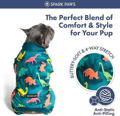 Spark Paws Dog Pajama, Dog Recovery Suit Male, Onesie, Ultra-Soft and 4-Way Stretch, for Small Medium and Large Breeds - Dinosaurs - L