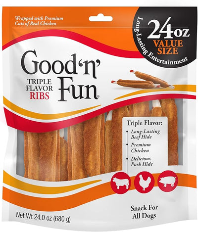 GOOD 'N' FUN Ribs Long-Lasting Dog Treat, with Real Proteins, Beef Hide and Premium Chicken, Supports Dental Health, Mental Stimulation, 24 oz