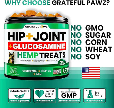 Grateful Pawz Hemp Hip and Joint Supplement for Dogs - Glucosamine for Dogs - 160 Joint Pain Relief Treats - Chondroitin, MSM - Advanced Health Supplement - Beef Liver Flavor - Made in USA