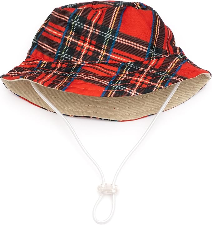 THE WORTHY DOG Plaid Hat for Dogs – Lightweight Pet Sun Hat with Adjustable Chin Strap, Soft Brim & Bright Colors - Red, Small