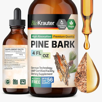 BIO KRAUTER® Pine Bark Extract for Circulatory & Antioxidant Support - Vegan French Maritime Pine Bark Herbal Supplements - Natural Antioxidants & Skin Support - 400 mg per Serving, 4 Fl. Oz.