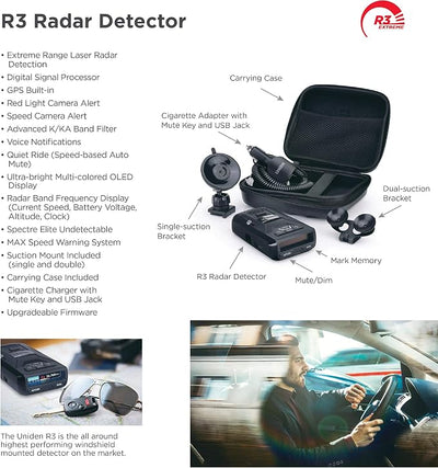 Uniden R3 EXTREME LONG RANGE Laser/Radar Detector, Record Shattering Performance, Built-in GPS w/ Mute Memory, Voice Alerts, Red Light & Speed Camera Alerts, Multi-Color OLED Display , Black