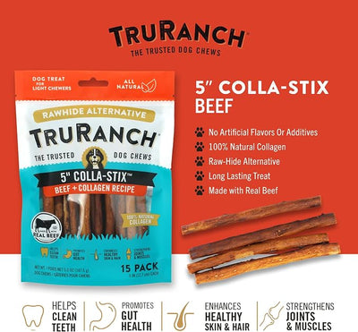TRURANCH Collagen Sticks - 5" Collagen Sticks for Dogs - Long Lasting Healthy Joint Support - Rawhide Alternative - Skin & Coat Health - Made with Real Beef, Value Pack, 15 Bags, 225 Count