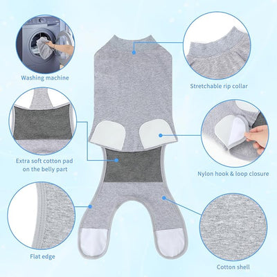 2 Packs Breathable Cotton Dog Recovery Suit for After Neuter Spay Abdominal Wounds Protector, Professional Anti-Licking Onesies for Male Female Pets Surgery Bandages, S Grey Blue Pure