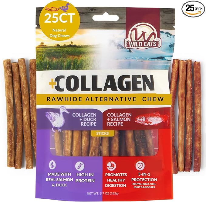 Wild Eats Duck and Salmon Collagen Sticks for Dogs (25 Pack) Long Lasting Dog Chews, No Hide Dog Treat Bully Stick Alternative, Rawhide Free, Grain Free, High Protein