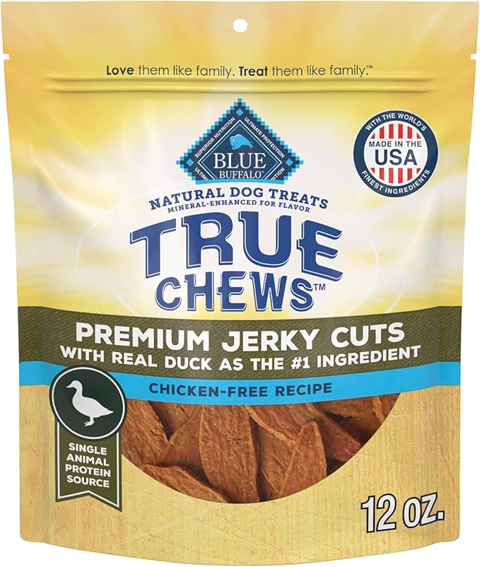Blue Buffalo True Chews Premium Jerky Cuts with Real Duck, Chicken-Free Natural Dog Treats, Mineral-Enhanced for Flavor, 12 oz. Bag