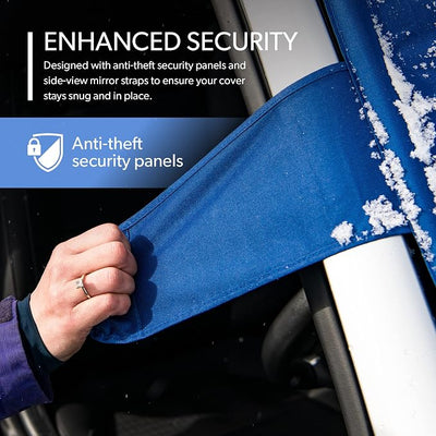 FrostGuard Plus | Winter Windshield Cover for Ice and Snow, Standard Size (Indigo) - Built-in Security Panels, Wiper Blade Coverage + Mirror Covers - Fits Standard Size Cars, 59 x 41 Inches