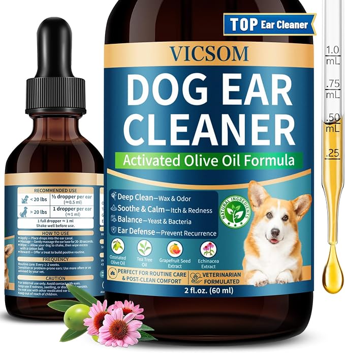 Dog Ear Infection Treatment Drops, Natural Dog Ear Cleaner Ear Drops for Itch Relief, Support Wax, Odor & Yeast Infection, Dog Ear Cleaning Solution with Ozonated Olive Oil, 60ml
