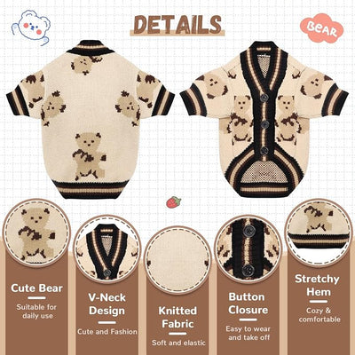 ABRRLO Small Dog Sweaters Cute Bear Dog Cardigans Clothes for Small Medium Dogs Boy Girl Puppy Cat Knitting Cardigan Outfits Dogs Autumn Coats Warm Pet Doggy Clothes Soft Knitwear Apparel (Beige,L)