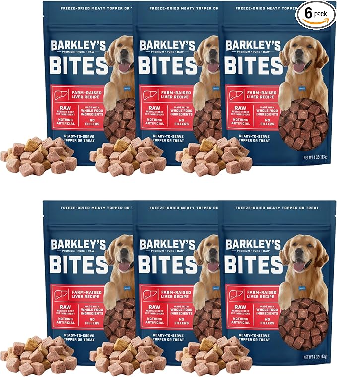 Barkley’s Bag Beef Bites, Freeze Dried Dog Treats & Food Topper, Made w/Beef, Barley, and Quinoa, Small Bite-Sized Pieces for Training Rewards, for All Dog Breeds, Ages & Sizes, 4 Oz Bag (6 Pack)