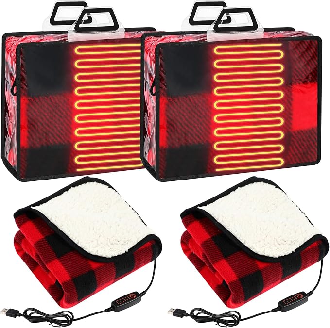 Tuanse 2 Pcs USB Heated Blanket 25"x35" Small Portable 5v 3 Setting Electric Blanket with Timer and Temperature Controller Winter Wearable Recharge Throw for Travel Home(Single Red and Black Plaid)