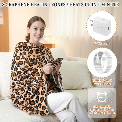 Leopard Print Electric Heated Shawl Blanket - Wearable USB Heating Pad for Neck & Shoulder, 1 Heat Level Soft Hoodie Throw, Type-C Portable Winter Gift for Women Travel Camping Bed
