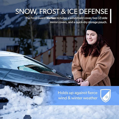 FrostGuard Vortex | Winter Windshield Cover for Ice and Snow, Standard Size (Winterwoods, Red) - Wiper Blade + Side Mirror Covers - Fit-Fast Straps, Security Panels + Storage Pouch - 59 x 41 Inches