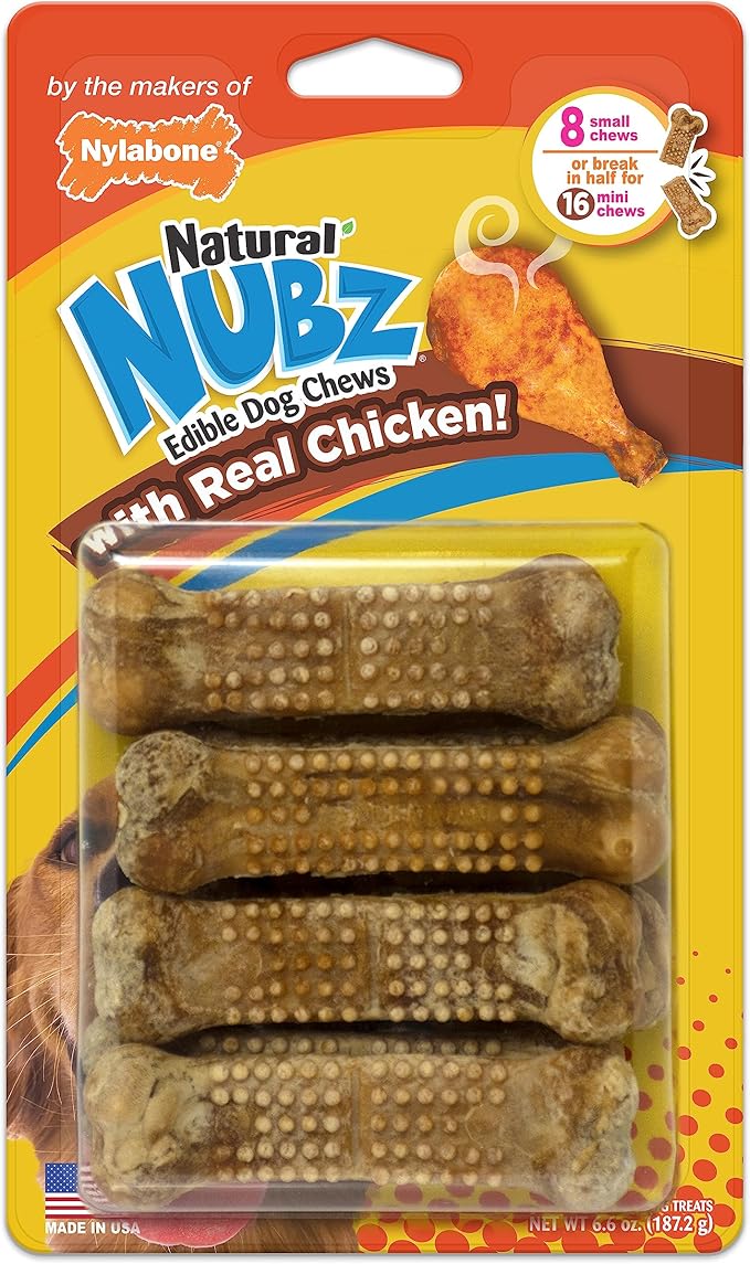 Nubz Natural Dog Treats for Small Breeds, Long Lasting Chew Bones Made in USA, Chicken Flavor Breath Freshener Dental Chews, Small Dog Bones, Up to 30 lbs. (8 Count)