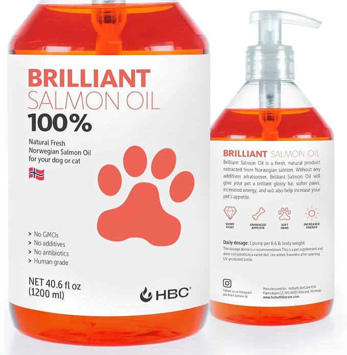 Brilliant Norwegian Salmon Oil for Dogs, Cats, Horse, Ferret - Pure Omega 3, 6 & 9 Fish Oil Food Treats Supplement for Natural Coat, Immune Support, Itchy Skin, Joint & Brain Health - 40 Oz