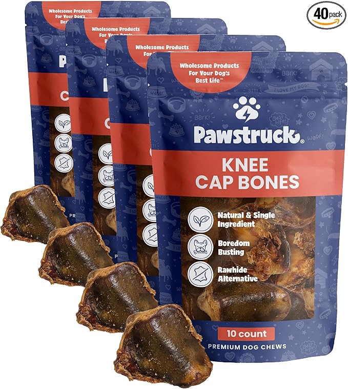 Natural Knee Cap Dog Bones - Treats for Aggressive Chewers, Low Fat & High Protein Chews, Beef Flavor, Long-Lasting Rawhide Alternatives - 40 Pack, Packaging May Vary