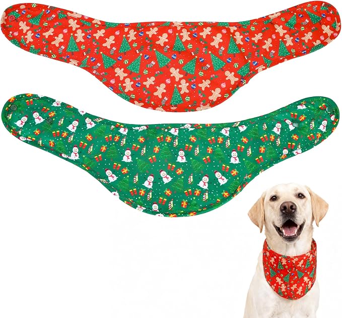 Christmas Dog Bandanas - 2 Pack Christmas Tree Snowman Dog Scarf Adjustable for Girl & Boy, Holiday Pet Bandana for Small Medium Large Breeds (Red Green, L)
