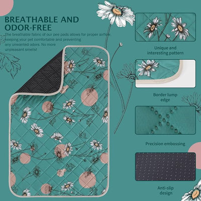 IEUUMLER Washable Pee Pads for Dogs, 2 Pack Non-Slip & Waterproof Pack Whelping Pad, Reusable Washable Puppy Potty Training Pad with Fast Absorbent for Playpen EU007 (Teal Daisy, 36"X24"-2pcs)