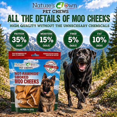 Nature's Own Not-Rawhide Moo Cheeks Dog Chews 8 oz | Made in USA | Natural Digestible Smoked Beef Cheek Treats for Aggressive Chewers Long Lasting Dental Chips (Pack of 2)