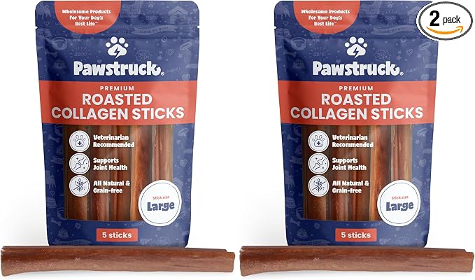 All Natural 11-12" Roasted Collagen Sticks for Dogs – Low Odor & Long-Lasting Bully Stick & Rawhide Alternative, Single Ingredient, Vet Approved – 5 Count (Pack of 2)