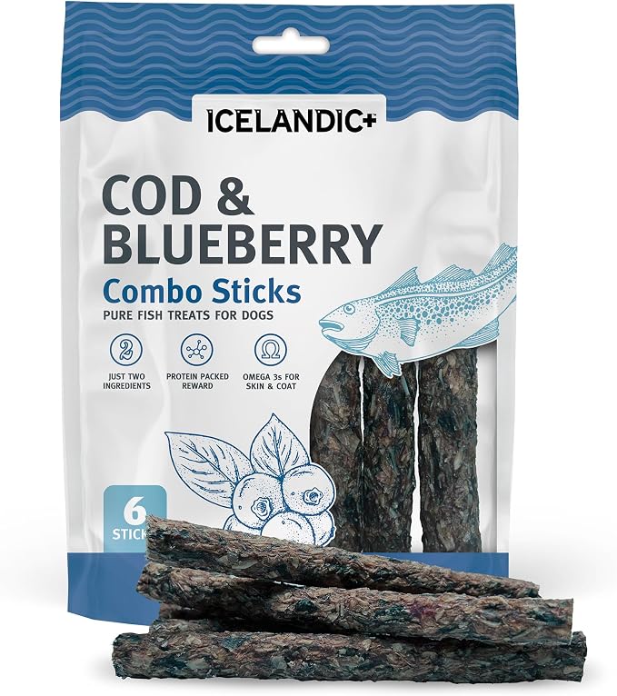 Icelandic+ Combo Sticks: Cod & Blueberry - 6 Count- Dog Treats, Crunchy 2 Ingredient Pet Snacks, Preservative Free, Wild Caught Fish, Slow Baked, Natural