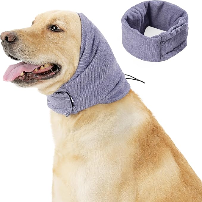 Meifsou Quiet Ears for Dogs - Adjustable Ear Covers for Noise, No Shake Dog Head Wrap, Dog Calming Hood for Thunder, Lightning, Fireworks, Vet Visits, Polyester and Stretch Cotton Blend, Purple L