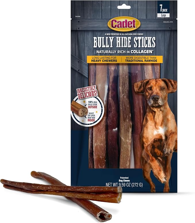 Cadet Bully Hide Sticks for Large Dogs, All-Natural Beef Pizzle, Limited-Ingredient Long-Lasting Dog Chews for Aggressive Chewers, 7 Count