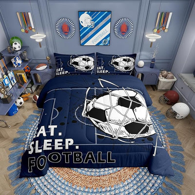 Erosebridal King Size Football Comforter Sets for Boys, Soccer Bedding Set Football Field Quilt for Kids Teens Adult Bedroom, Ball Games Sports Navy Blue Bedding Comforter Sets, 2 Pillow Cases