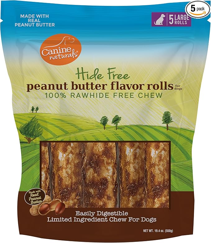 Peanut Butter Chew - 100% Rawhide Free Dog Treats - Made with Real Peanut Butter - All-Natural and Easily Digestible - 5 Pack of 7 Inch Large Rolls for Dogs 50-75lb