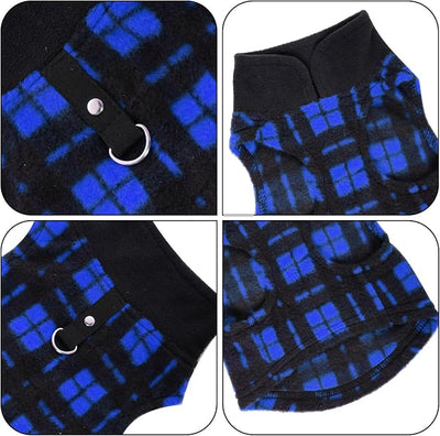 Rbenxia 1 PC Plaid Dog Sweaters with Leash Ring Soft Fleece Vest Dogs Pullover Warm Jacket Pet Dogs Clothes Winter Dog Outfits for Small Puppy Cat Pets (Blue and Black, Large)