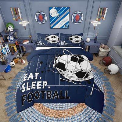 Erosebridal Football Comforter Sets for Boys, Soccer Bedding Set Toddler Size Football Field Quilt for Kids Teens Adult Bedroom, Ball Games Sports Navy Blue Bedding Comforter Sets, 1 Pillow Case