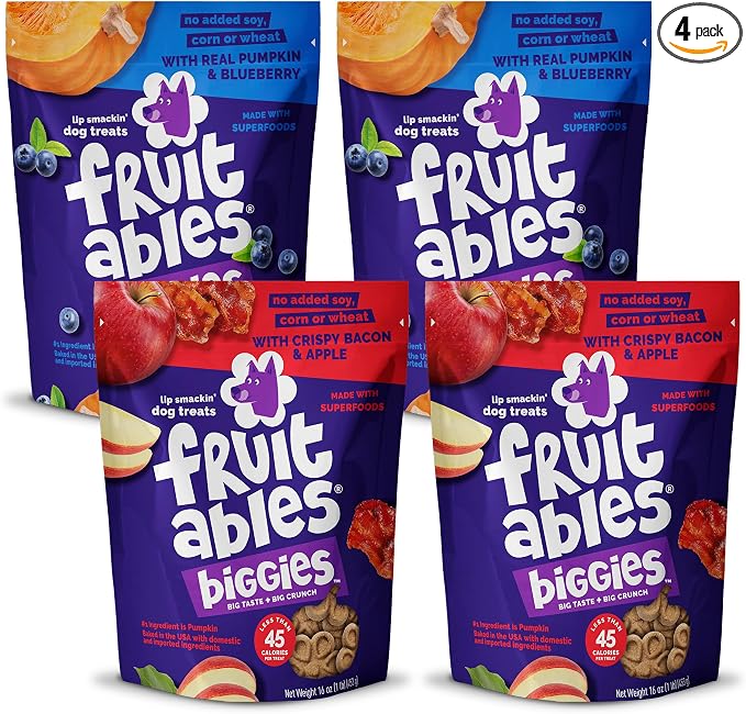 Fruitables Biggies Dog Biscuits - Crunchy Pumpkin Healthy Dog Treats for Training - Free of Wheat, Corn and Soy - 16 oz (Variety Pack of 4)