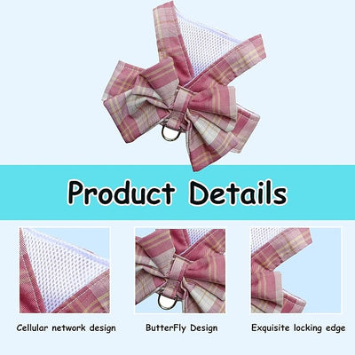 Plaid Dog Dress Bow Tie Harness Leash Set,Dog Clothes Harness Dress with Leash Ring for Small Dogs Girl, Puppy Princess Rabbit Clothes Chihuahua Yorkies Pet Outfits (Pink, Medium)